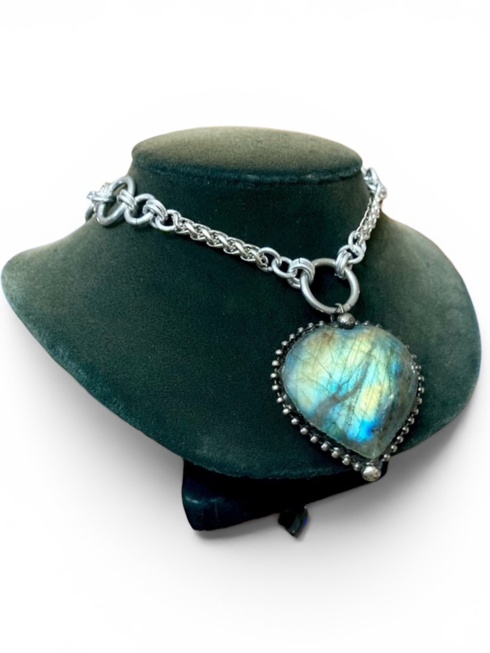 Genuine iridescent labradorite gemstone heart shape charm boho choker necklace .
